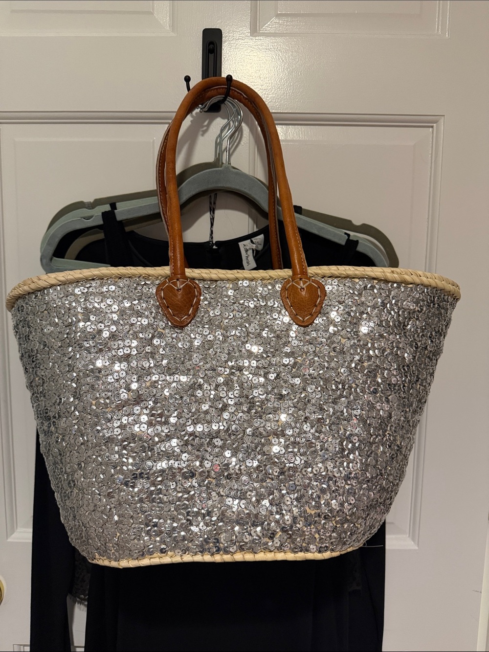 Silver Sequined French Market Basket Tote - Picture 3 of 8